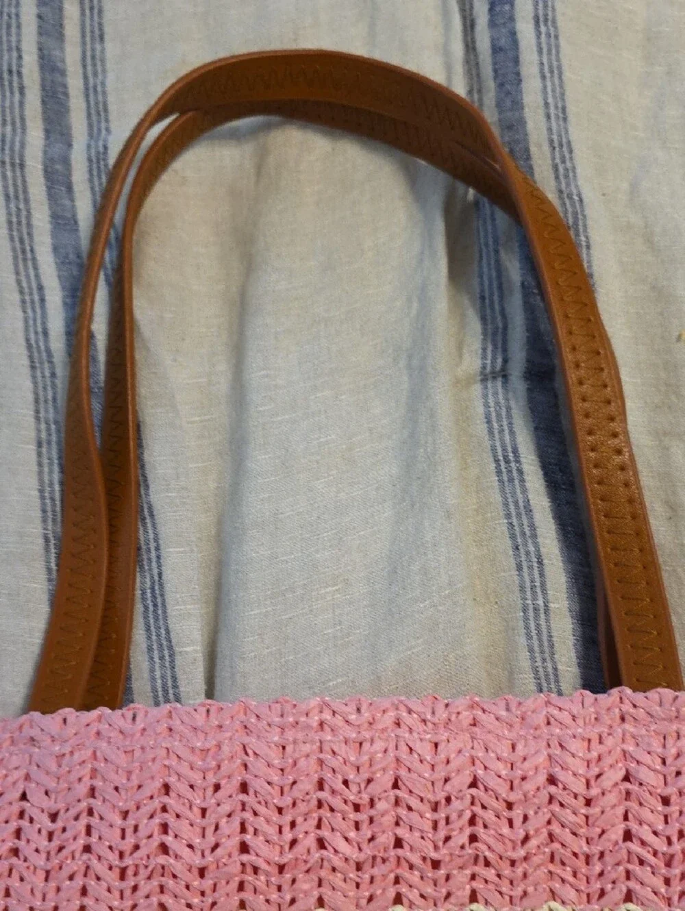 Kopari Pink, Orange & White Striped Woven Tote with Tan Handles